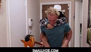 Alona Bloom, tiny 18+ with sexy tits, taken for intense cowgirl ride on big cock