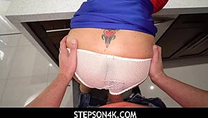 i doggystyle fuck busty stepmom in pov, her big tits bouncing and ass creampied