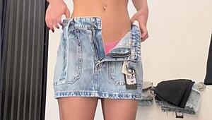 Barely legal sweetierjasmin performs seductive striptease in store cabin. Shopping turns wild