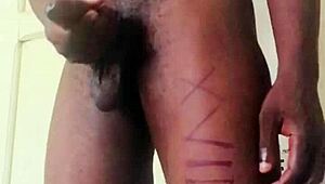 The guy is jerking his big monster cock