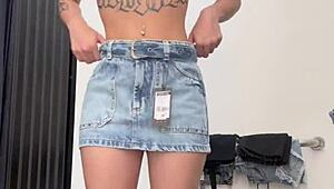 Barely legal sweetierjasmin performs seductive striptease in store cabin. Shopping turns wild