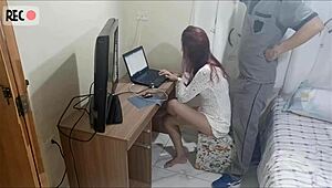 Technician visits woman in uniform without underwear