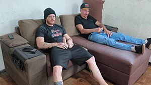 Intense feelings surge as I masturbate with my stepson, our big cocks throbbing together.