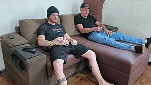 Intense feelings surge as I masturbate with my stepson, our big cocks throbbing together.