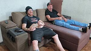 Intense feelings surge as I masturbate with my stepson, our big cocks throbbing together.