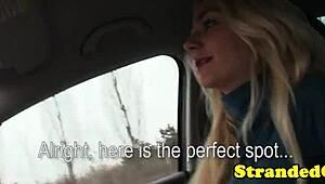 hitchhiking blonde toying with cock in car pickup 😏