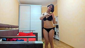 Oiled brunette slowly strips and masturbates 😍