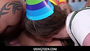 Hot teen step sisters freeuse threesome with stepdad on birthday