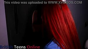 redhead nurse sucks cock at a gloryhole, deepthroat and swallow