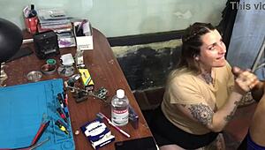 Latina slut deepthroats technician's cock to pay the bill