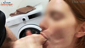 At the party, the redhead wife cheats on her husband with a stranger's blowjob