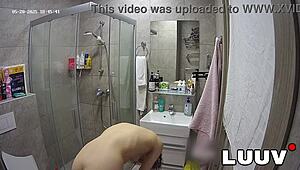 Teen brunette films homemade shower routine for voyeur friend