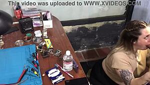 Latina slut deepthroats technician's cock to pay the bill