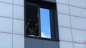 Skinny brunette babe gets fucked in front of neighbors