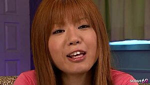 Redhead skinny japanese girl give intense pov blowjob and cumplay after cum in mouth at uncensored jav in japan