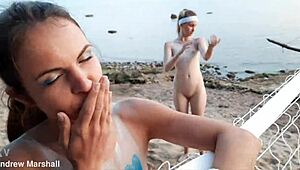 Intense beach orgy with young teens and shaved pussies