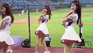 Cheerleaders dancing for baseball game
