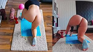 Naughty milf performs naked yoga workout spreading big ass in dual cam