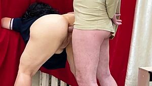 Mature stepmom's huge tits dangle during anal fucking.