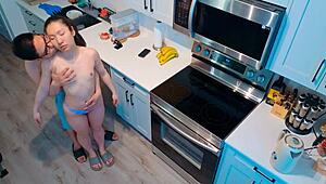 Young Asian Girl With Small Tits Gets Unexpected Morning Sex In The Kitchen Bent Over