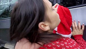 Public agent santa helper matty mila perez gives blowjob and takes big dick pov outdoors
