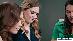 I am excited by three petite lesbian teachers strapon anal and dp in classroom