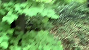 a random guy gives his big cock for risky outdoor blowjob in public forest, ending with cum