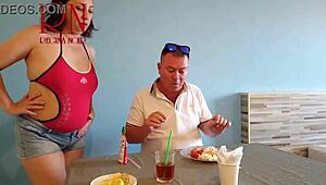 naked waitress lets restaurant guest lick her navel in voyeur scene backstage