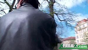 Ukrainian girl Lina Arian gets warmed up in a park and taken home by three guys for a gang bang