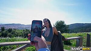 Young brunette rides anal in outdoor public scene