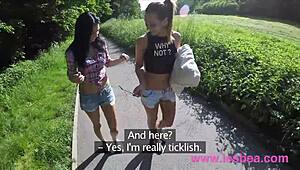 These best friends from Lesbea are licking shaved pussies outdoors in public