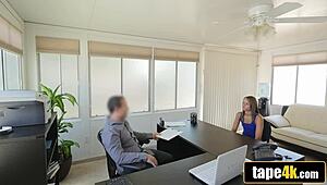 Gorgeous submissive teen 18+ getting screwed on the office desk to secure a loan, what a horny deal