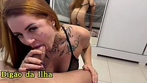 Delicious Redhead Blows Muscular Guy, Cums on Dick, Swallows Cum