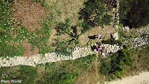 Rebecca Volpetti and Veronica Leal embark on a luscious lesbian vacation, sharing a strap-on in outdoor adventures with fingering, kissing, and anal play.