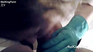 Blonde Milf Sucking Cock with Plastic Gloves in Latex Outfit