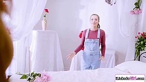 Busty Lesbian Licks Petite Model's Pussy