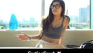 Teen with glasses auditions for porn on the casting couch
