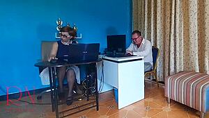 Boss dominates employee in office humiliation