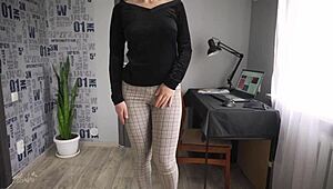 Office worker displays tight ass in super tight trousers at work
