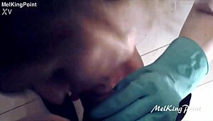 Blonde Milf Sucking Cock with Plastic Gloves in Latex Outfit