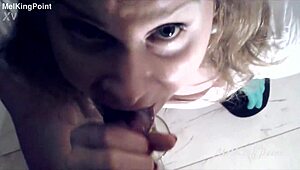 Blonde Milf Sucking Cock with Plastic Gloves in Latex Outfit