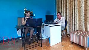 Boss dominates employee in office humiliation