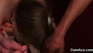 Kinky beauty gets cum load on her face gulping all the charge