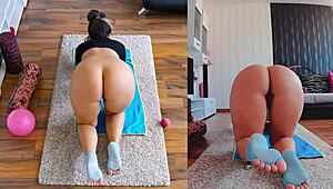 Intense dual cam naked yoga session with big ass