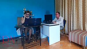 Boss dominates employee in office humiliation