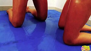 Lesbian wrestling turns into wild pussy licking and clit sucking!