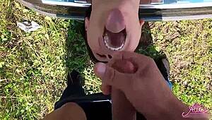 Cheating wife fucks outdoors with husband's driver and swallows cum with pleasure