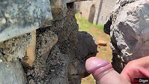 Public dick flashing girl helps cum in mountains