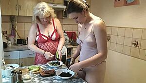 Teen virgin kisses sexy milf in kitchen