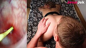 Glory hole asshole fucked with endoscope while cunnilingus leads to hot cumshot on face